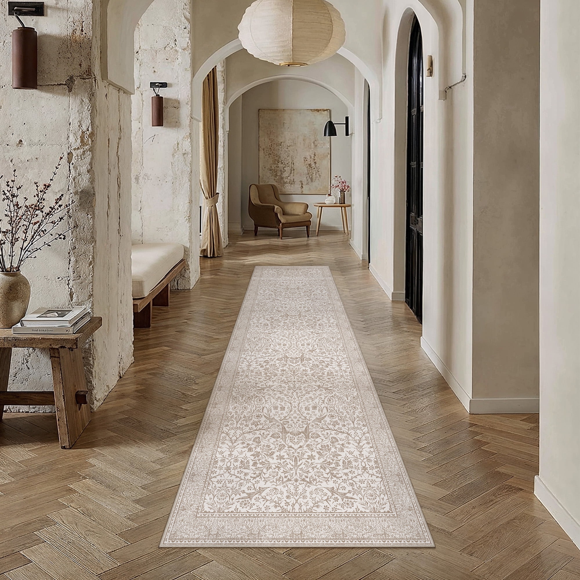 BERTHMEER 2'x8' Runner Rugs for Hallway Kitchen Entryway Bedroom Bathroom Entrance Oriental Vintage Farmhouse Machine Washable Non-slip Traditional Distressed Runner Rugs, Light Brown