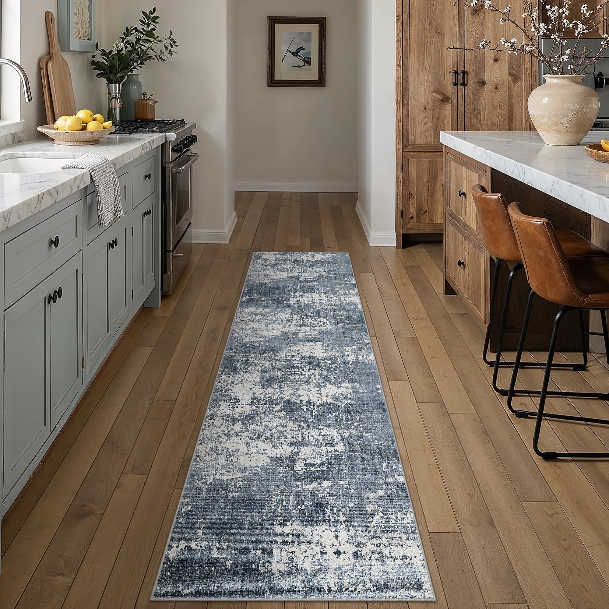berthmeer 2'x8' runner rugs for hallway kitchen entryway entrance dorm laundry bedroom living room abstract modern contemporary washable non slip runner rugs, deep blue