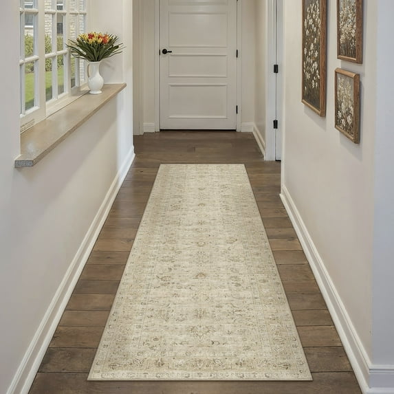 BERTHMEER 2'x8' Runner Rugs for Hallway Kitchen Entryway Entrance Dorm Laundry Bedroom Living Room Washable Oriental Vintage Non-slip Runner Rugs,Beige