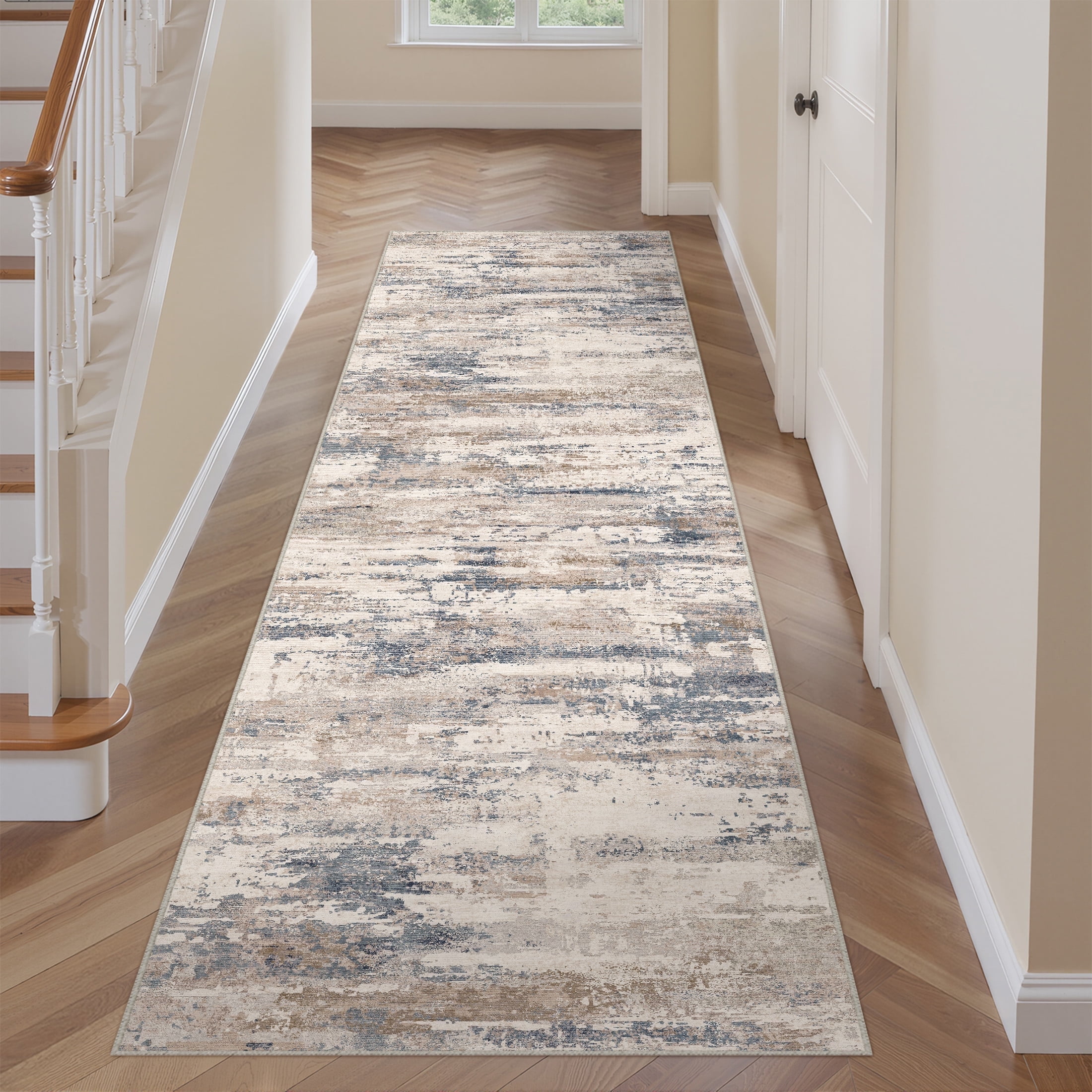 BERTHMEER 2'x8' Runner Rugs for Hallway Bathroom Kitchen Bedroom Entryway Non Skid Washable Abstract Blue and Brown Modern Contemporary Runner Rugs