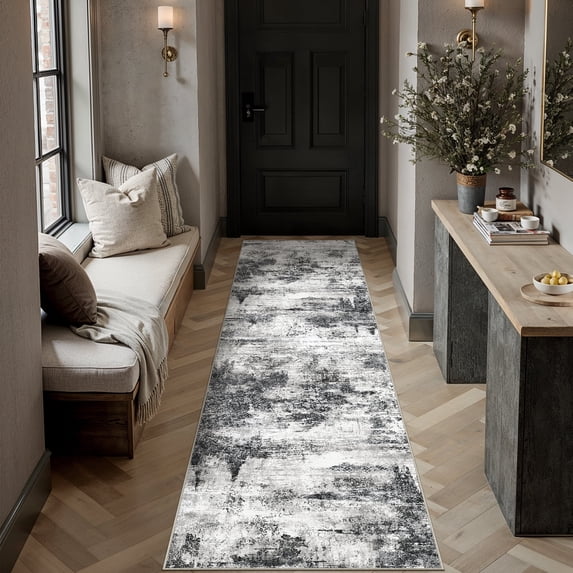 BERTHMEER 2'x8' Runner Rugs for Hallway Entryway Bathroom Bedroom Kitchen Non Skid Washable Black Neutral Modern Abstract Runner Rugs
