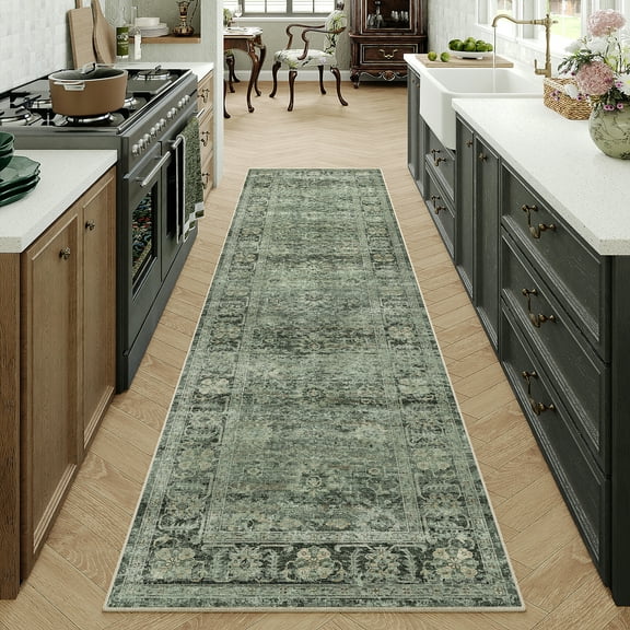 BERTHMEER 2'x8' Runner Rugs for Hallway Entryway Bathroom Bedroom Kitchen Non Slip Washable Vintage Oriental Traditional Runner Rugs, Green