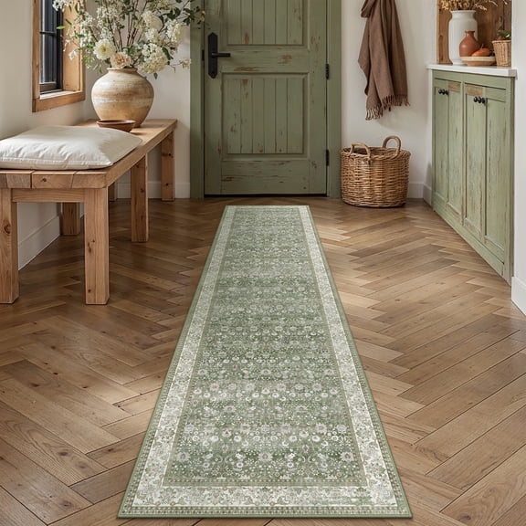 BERTHMEER 2'x8' Vintage Runner Rugs for Hallway Entryway Bathroom Bedroom Kitchen Non Skid Washable Green Oriental Traditional Runner Rugs
