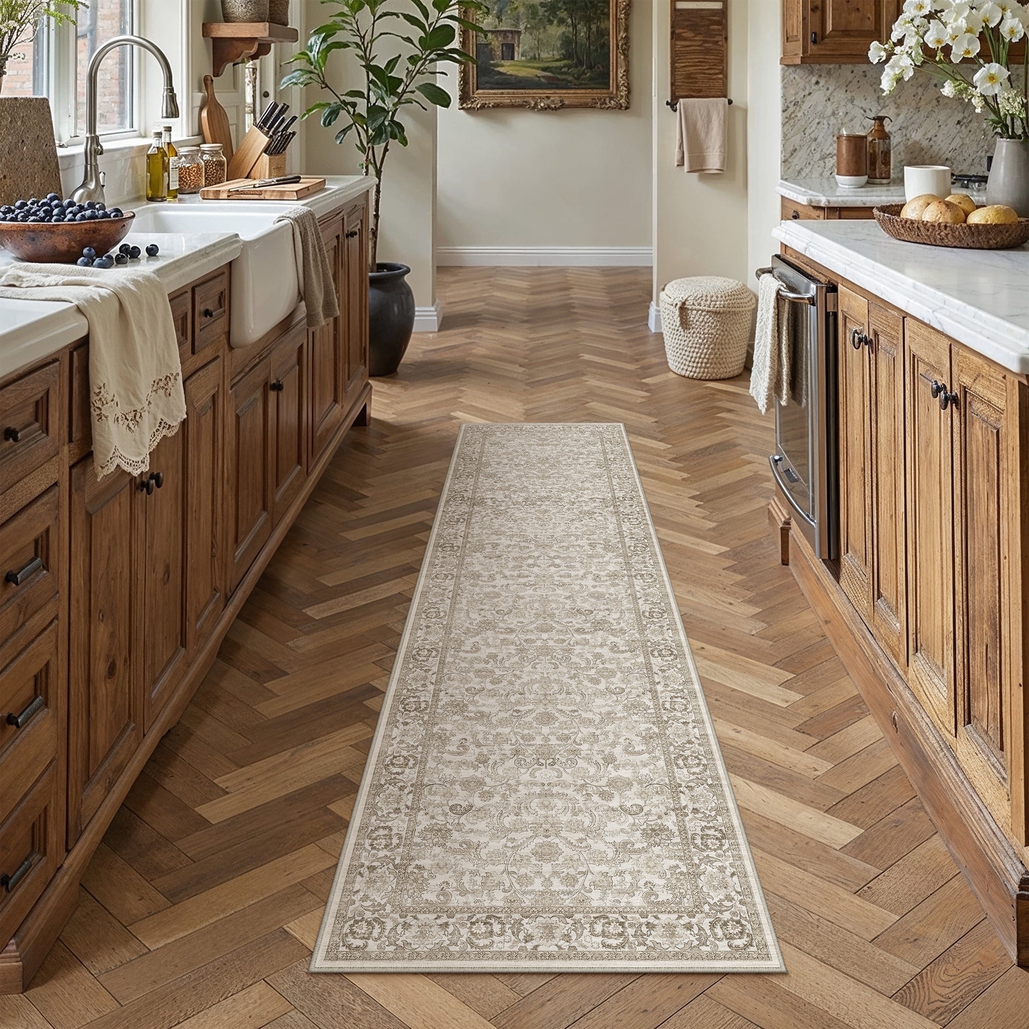 berthmeer 2'x8' vintage runner rugs for hallway entryway bathroom bedroom kitchen non skid washable oriental traditional brown runner rugs