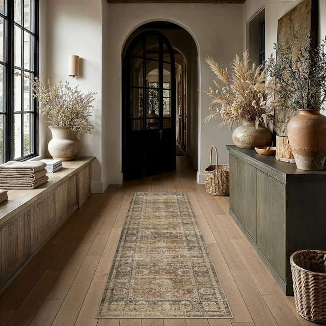 BERTHMEER 2'x8' Washable Brown Runner Rugs for Hallway Bathroom Bedroom Entryway Kitchen Non Slip Vintage Oriental Traditional Distressed Indoor Runner Rugs