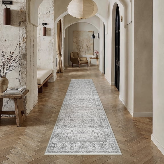 BERTHMEER 2'x8' Washable Gray Runner Rugs for Hallway Bathroom Bedroom Entryway Kitchen Non Slip Vintage Oriental Distressed Runner Rugs