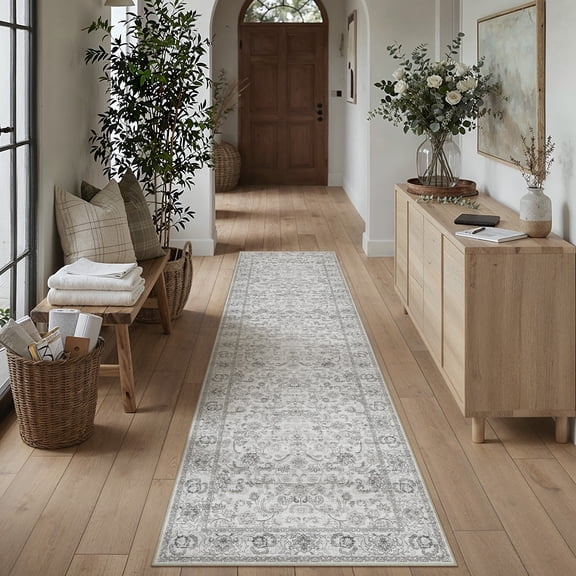 BERTHMEER 2'x8' Washable Gray Runner Rugs for Hallway Bathroom Bedroom Entryway Kitchen Non Slip Vintage Oriental Distressed Runner Rugs