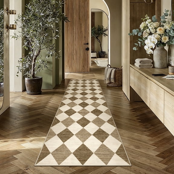 BERTHMEER 2'x8' Washable Rhombus Checkered Runner Rugs for Hallway Bathroom Bedroom Entryway Kitchen Non Slip Geometric Modern Contemporary Indoor Runner Rugs, Coffee Brown