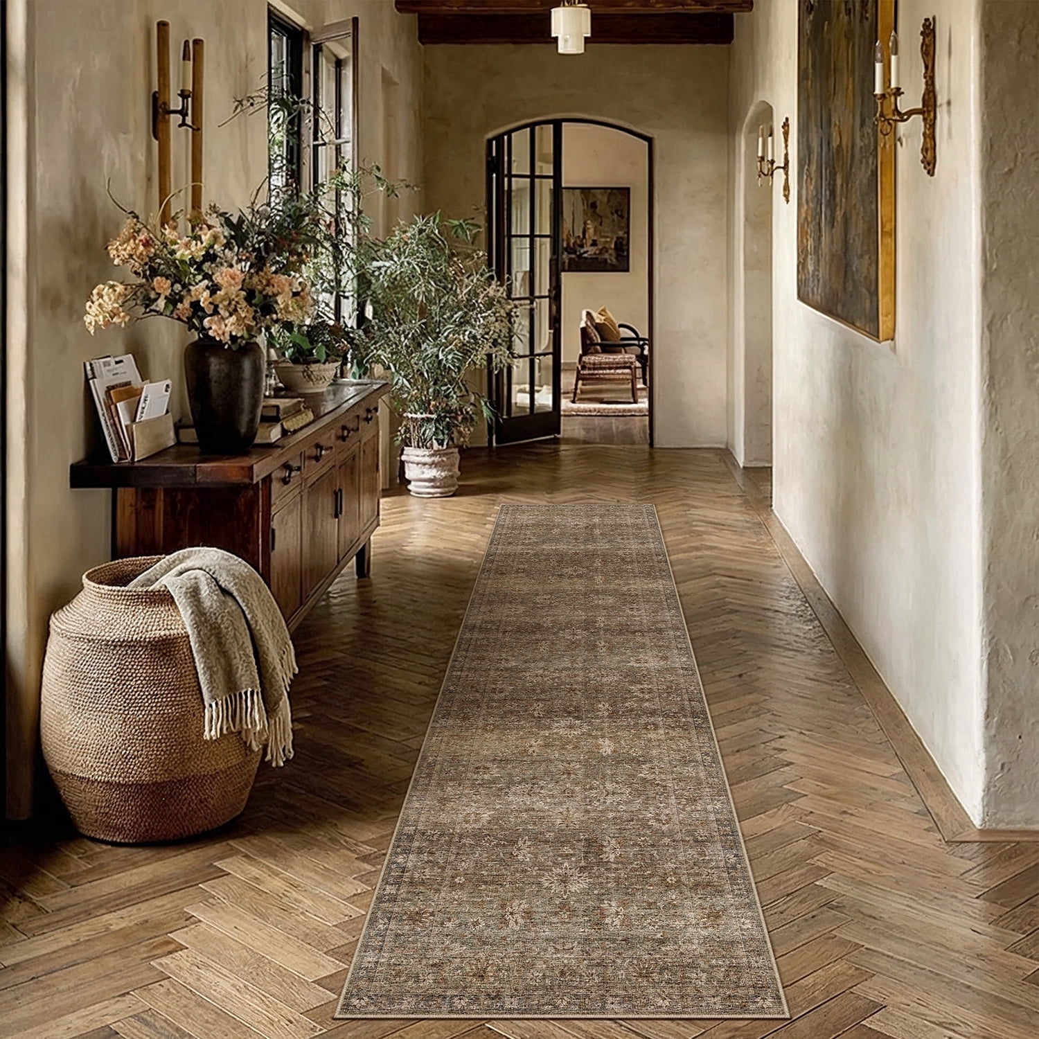 berthmeer 2'x8' washable runner rugs for hallway bathroom bedroom entryway kitchen non slip vintage oriental traditional floral runner rugs,gradient brown