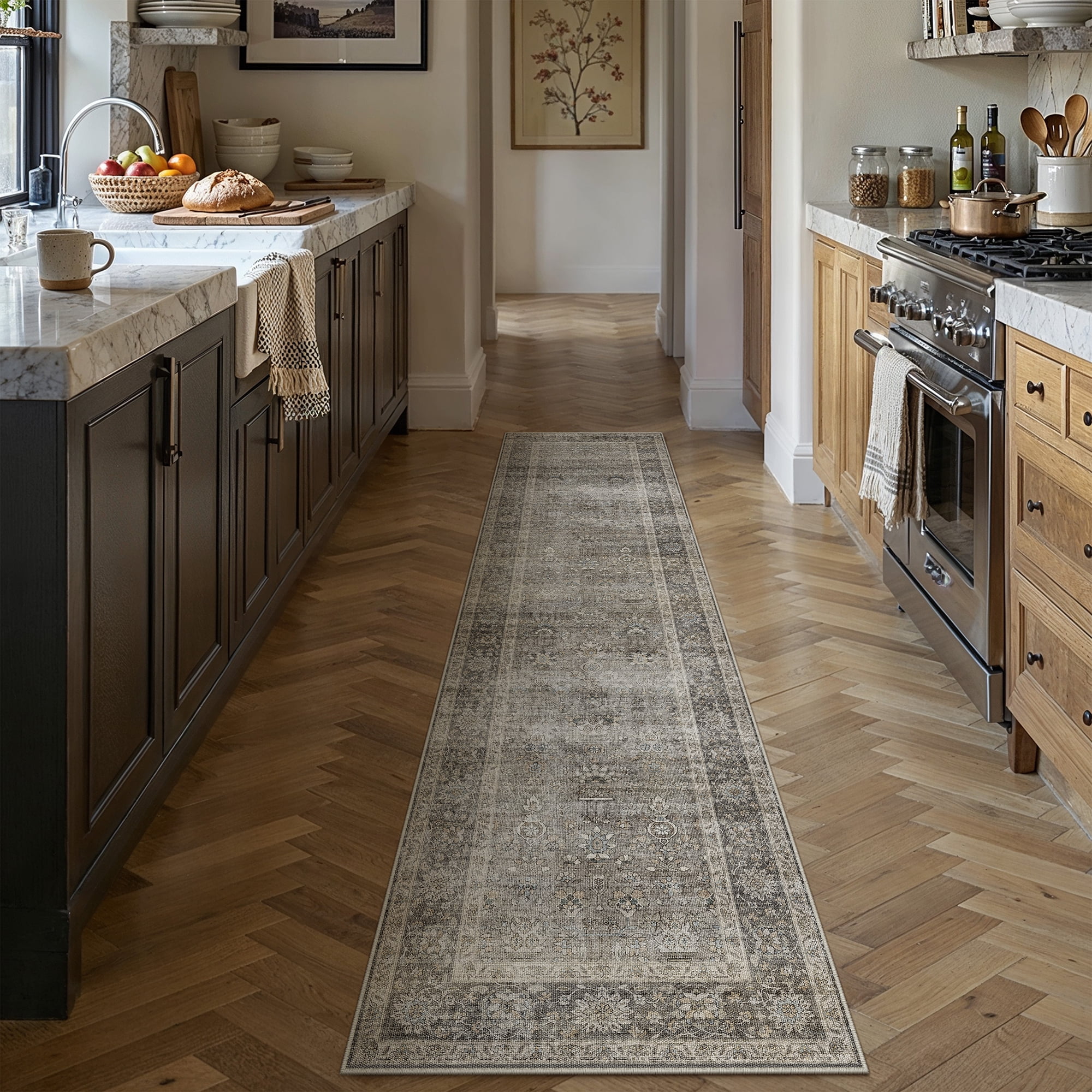 berthmeer 2'x8' washable runner rugs for hallway bedroom entryway kitchen non slip mossy gray vintage oriental traditional distressed runner rugs