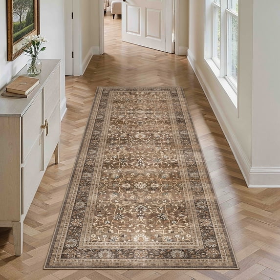 BERTHMEER 2'x8' Washable Runner Rugs for Living Room Bedroom Kitchen Rugs Non Slip Vintage Traditional Dorm Oriental Distressed Runner Rugs,Brown