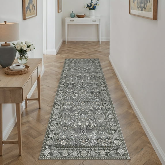 BERTHMEER 2'x8' Washable Vintage Floral Runner Rugs for Hallway Kitchen Entryway Bathroom Non-slip,Gray