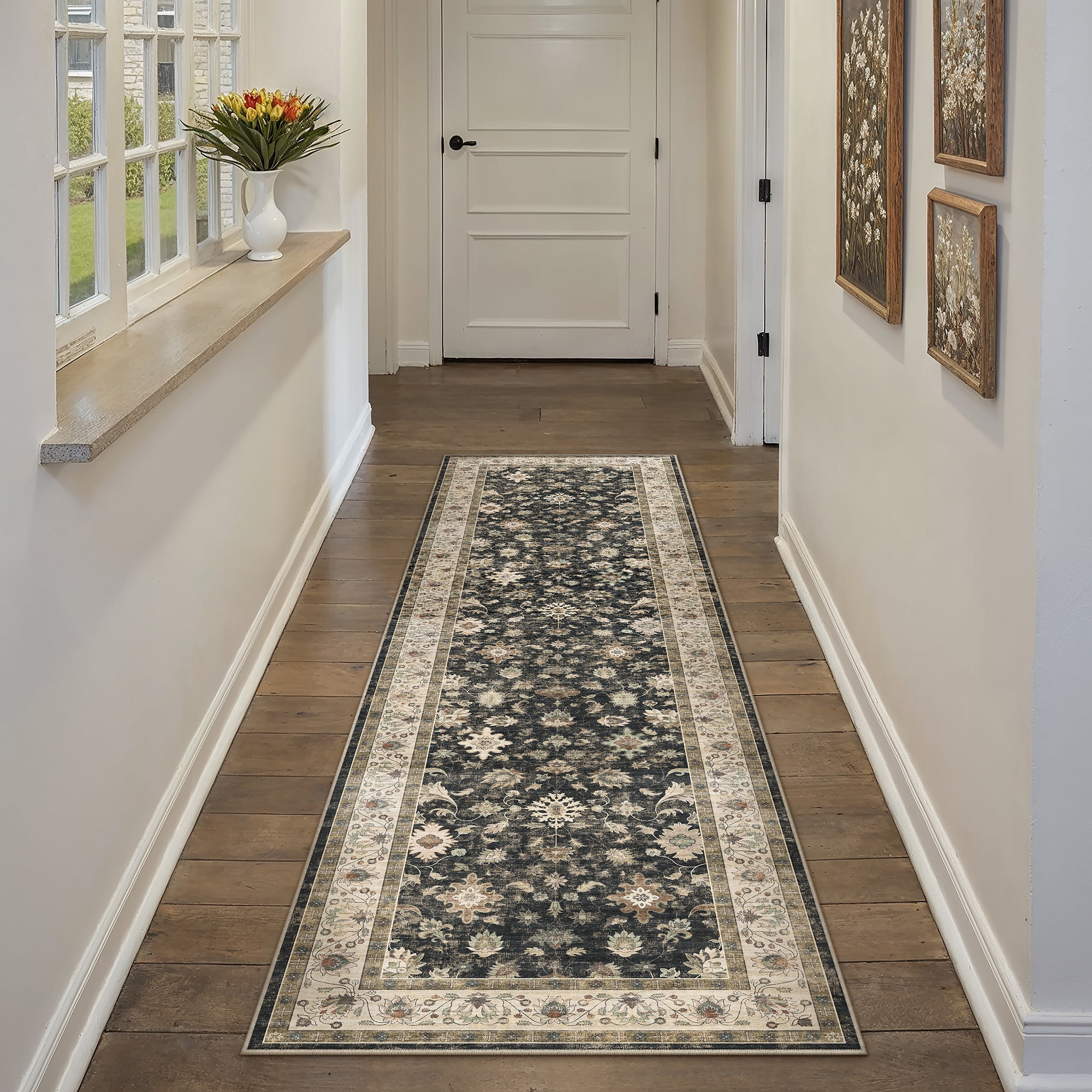 berthmeer 2'x8' washable vintage runner rugs for bedroom hallway kitchen entrance entryway bathroom non-slip floral oriental rugs,black