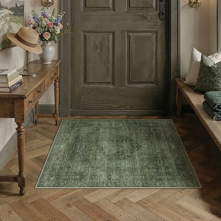 BERTHMEER 2x3 Washable Area Rug Green Vintage Entryway Carpets Non-Slip Soft Low Pile Traditional Indoor Entrance Small Throw Rug for Bedroom Bathroom