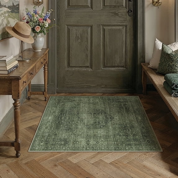 BERTHMEER 2x3 Washable Area Rug Green Vintage Entryway Carpets Non-Slip Soft Low Pile Traditional Indoor Entrance Small Throw Rug for Bedroom Bathroom