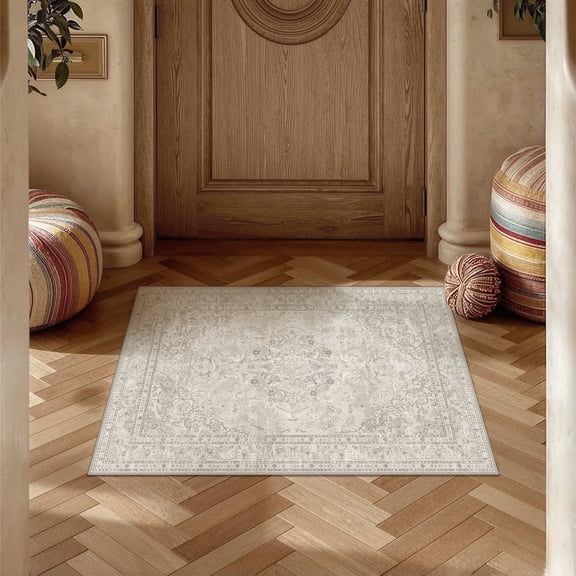 BERTHMEER 2x3 Washable Area Rug Beige Vintage Entryway Carpet Non-Slip Soft Low Pile Traditional Indoor Small Throw Rug for Bedroom Bathroom Entrance