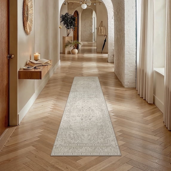 BERTHMEER 2x6 Washable Runner Rug for Hallway Beige Vintage Carpet Non-Slip Soft Low Pile Traditional Oriental Distressed Throw Rug for Bedroom Bathroom Laundry Living Room