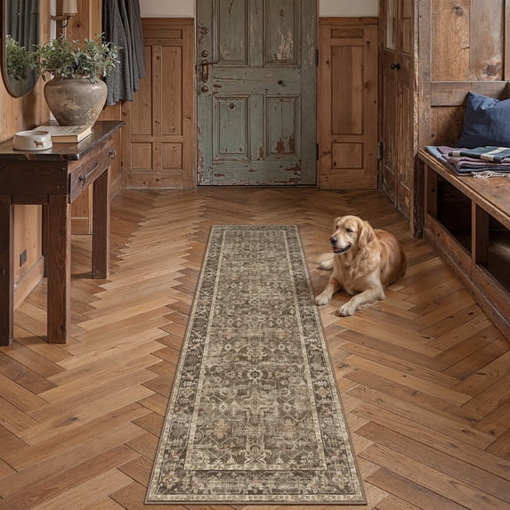BERTHMEER 2x6 Washable Runner Rug for Hallway Brown Vintage Carpet Non-Slip Soft Low Pile Traditional Oriental Distressed Throw Rug for Bedroom Entryway Bathroom Laundry