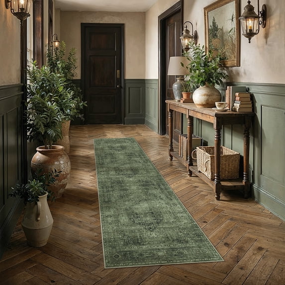 BERTHMEER 2x8 Runner Rug for Hallway Entryway Green Vintage Carpet Non-Slip Washable Soft Low Pile Traditional Oriental Distressed Throw Rug for Bedroom Bathroom Laundry