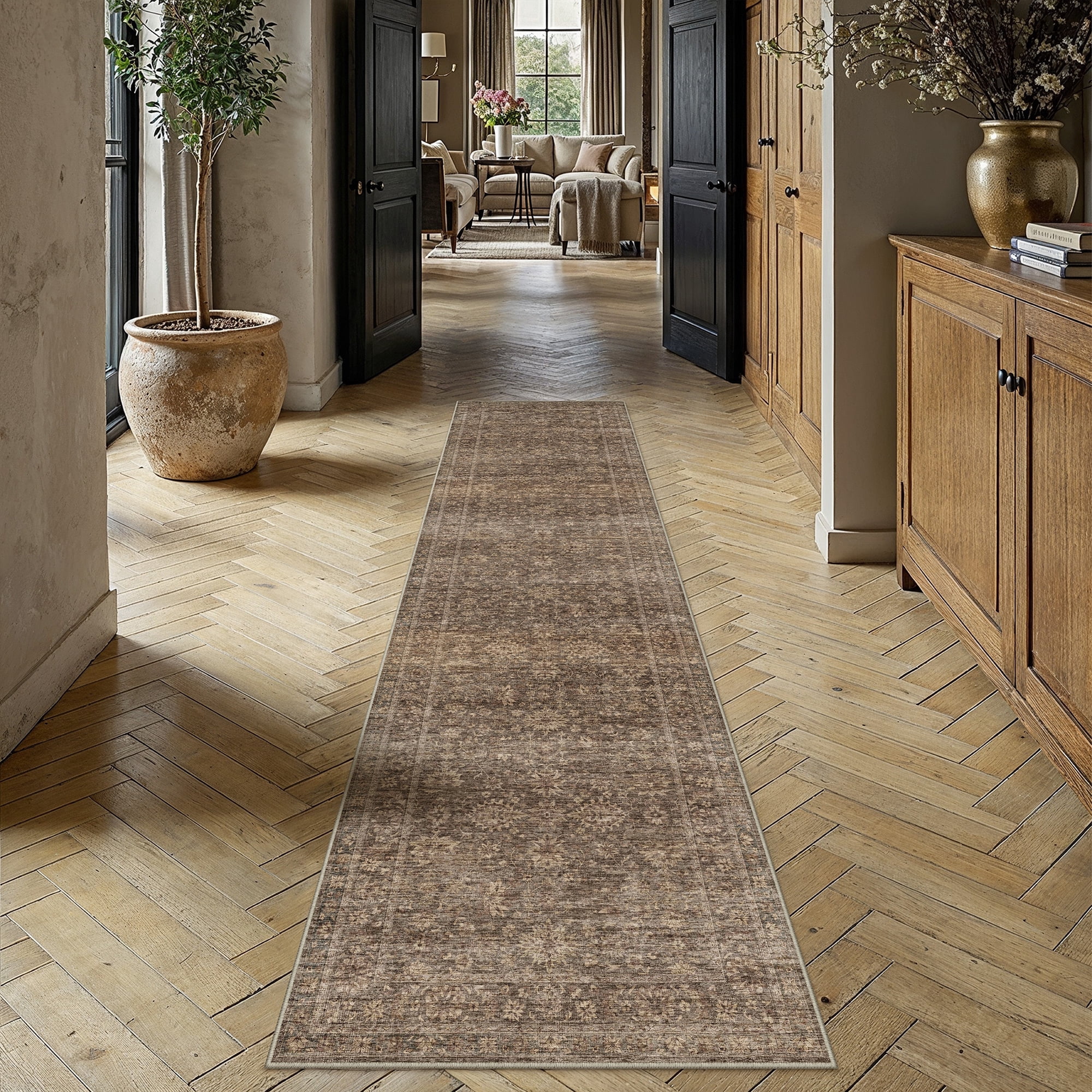 berthmeer 3'ã—10' runner rugs for hallway kitchen entryway bedroom bathroom entrance oriental floral vintage farmhouse machine washable non-slip traditional distressed rugs, golden brown