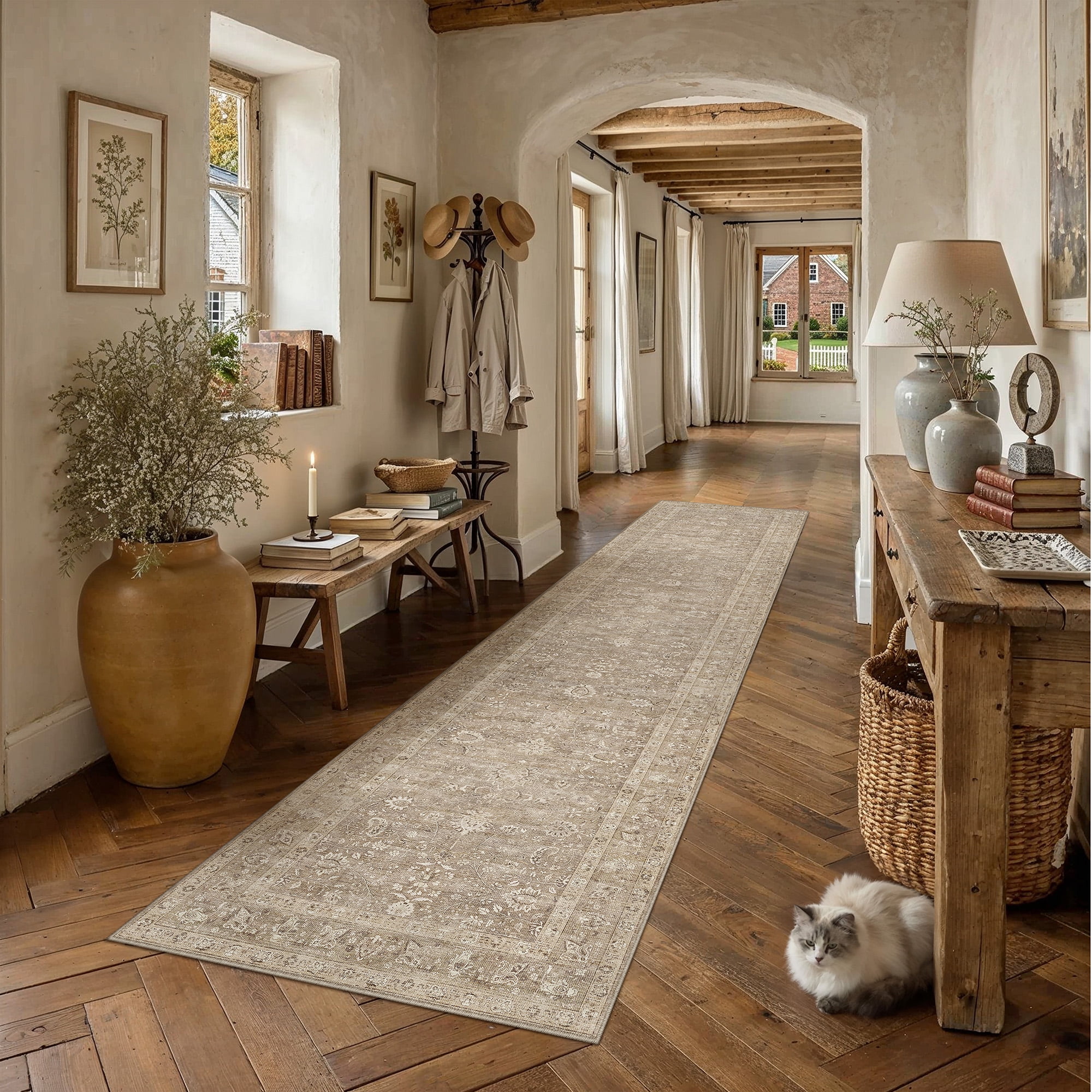 berthmeer 3'?ó10' runner rugs for hallway kitchen entryway bedroom bathroom entrance oriental floral vintage farmhouse machine washable non-slip traditional distressed rugs, brown