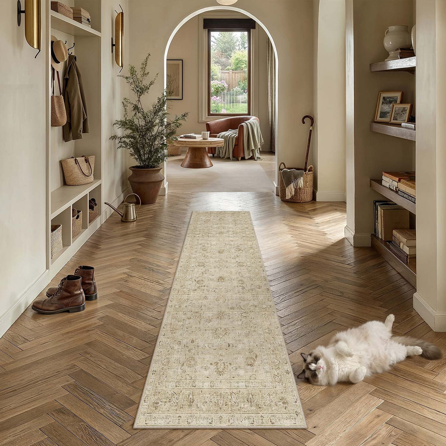 BERTHMEER 3'×12' Runner Rugs for Hallway Kitchen Entryway Bedroom Bathroom Entrance Oriental Floral Vintage Farmhouse Machine Washable Non-slip Traditional Distressed rugs, Beige