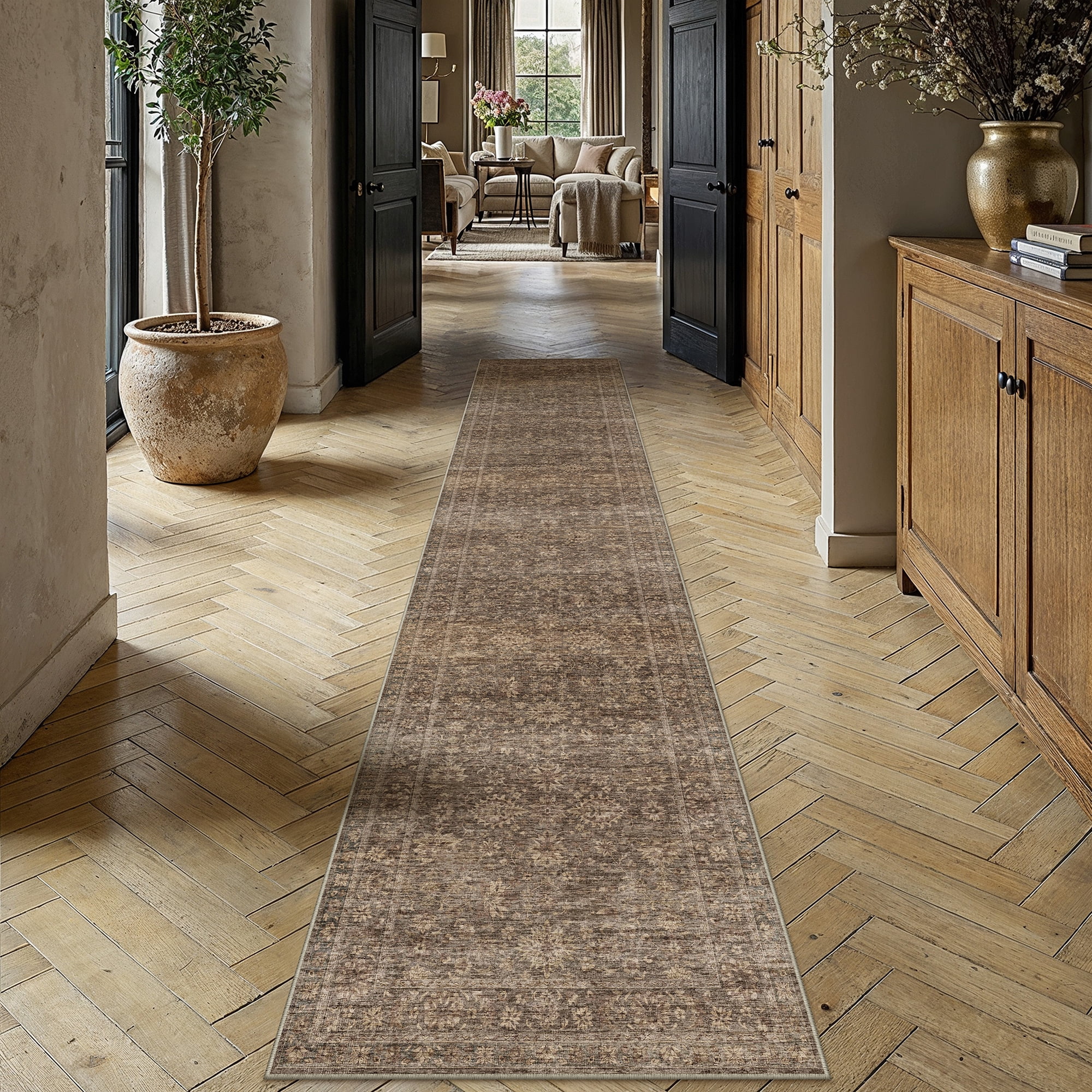 berthmeer 3'ã—12' runner rugs for hallway kitchen entryway bedroom bathroom entrance oriental floral vintage farmhouse machine washable non-slip traditional distressed rugs, golden brown