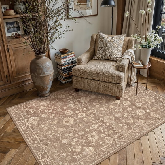 BERTHMEER 3'×5' Small Area Rugs for Living Room Bedroom Dining Room Entryway Entrance Oriental Floral Vintage Farmhouse Machine Washable Non-slip Traditional Distressed Throw Rugs, Brown