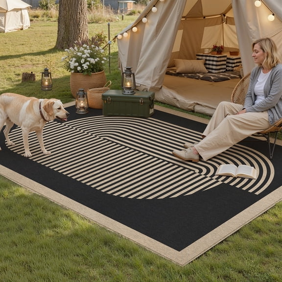 BERTHMEER 3'x5' Easy Jute Area Rugs for Entryway Bedroom Kitchen Laundry Dorm Farmhouse Outdoor Patio Rugs Indoor Washable Non Slip Geometric Contemporary Modern Stripes Rugs, Black
