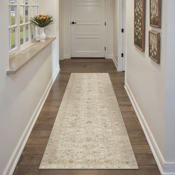 BERTHMEER 3'×7' Runner Rugs for Hallway Kitchen Entryway Bedroom Bathroom Entrance Oriental Floral Vintage Farmhouse Machine Washable Non-slip Traditional Distressed rugs, Beige
