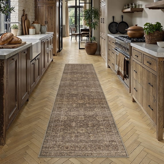 BERTHMEER 3'×7' Runner Rugs for Hallway Kitchen Entryway Bedroom Bathroom Entrance Oriental Floral Vintage Farmhouse Machine Washable Non-slip Traditional Distressed rugs, Golden Brown