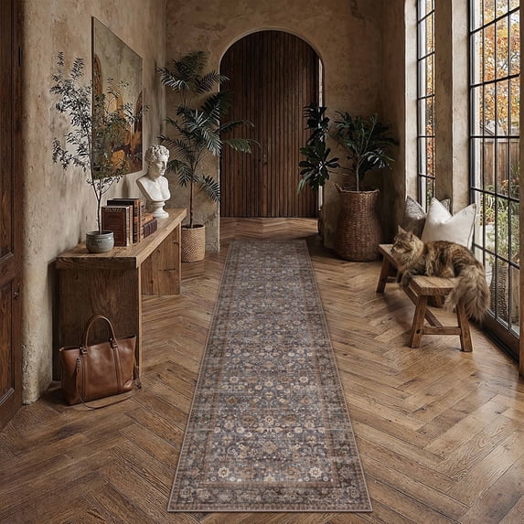 BERTHMEER 3'x10' Long Runner Rugs for Hallway Kitchen Bedroom Bathroom Entryway Entrance Oriental Floral Vintage Farmhouse Machine Washable Non-slip Traditional Distressed Rugs, Blue Brown