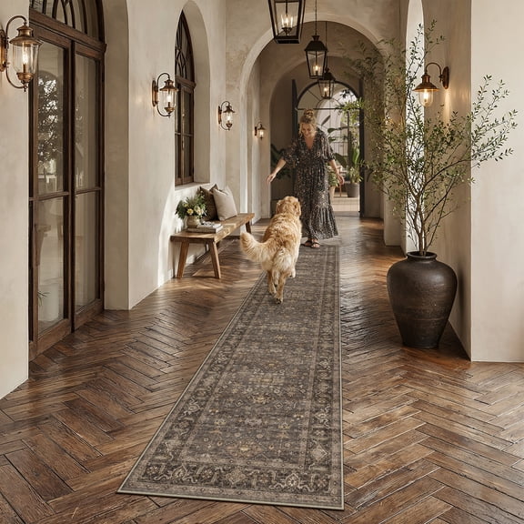 BERTHMEER 3'x10' Runner Rugs for Hallway Kitchen Entryway Bedroom Bathroom Entrance Oriental Floral Vintage Farmhouse Machine Washable Non-slip Traditional Distressed Rugs, Brown