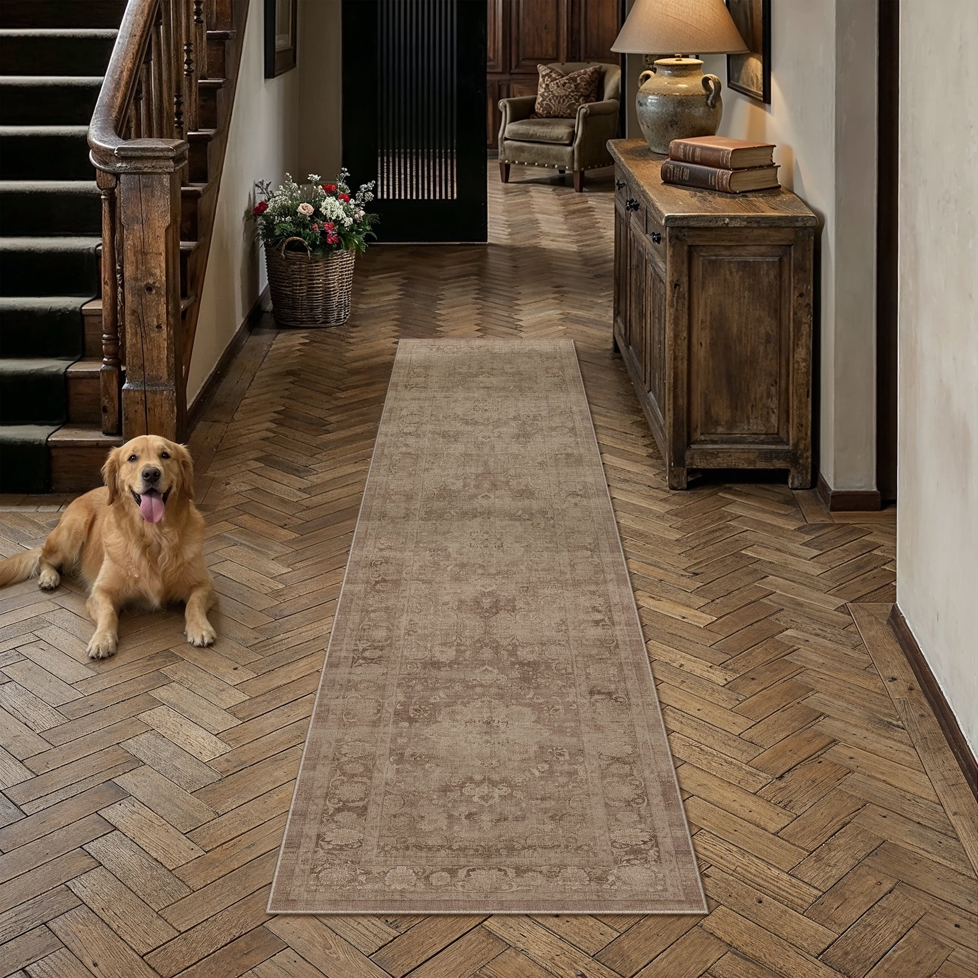 berthmeer 3'x10' runner rugs for hallway kitchen entryway bedroom bathroom entrance oriental floral vintage farmhouse machine washable non-slip traditional distressed rugs, brown