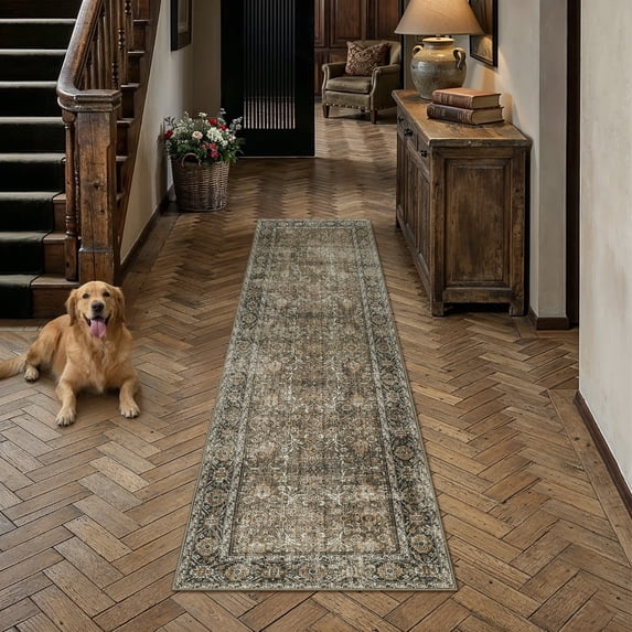 BERTHMEER 3'x10' Runner Rugs for Hallway Bedroom Entryway Kitchen Washable Non Slip Vintage Oriental Traditional Indoor Runner Rugs,Brown