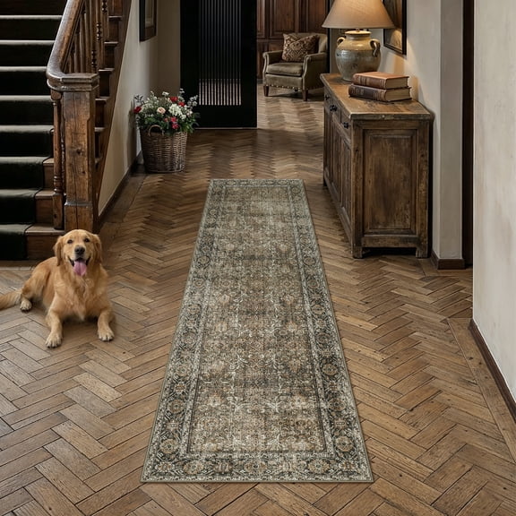 BERTHMEER 3'x10' Runner Rugs for Hallway Bedroom Entryway Kitchen Washable Non Slip Vintage Oriental Traditional Indoor Runner Rugs,Brown