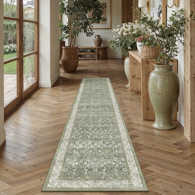 BERTHMEER 3'x10' Washable Green Runner Rugs for Hallway Bedroom Entryway Kitchen Non Slip Vintage Oriental Traditional Floral Indoor Runner Rugs