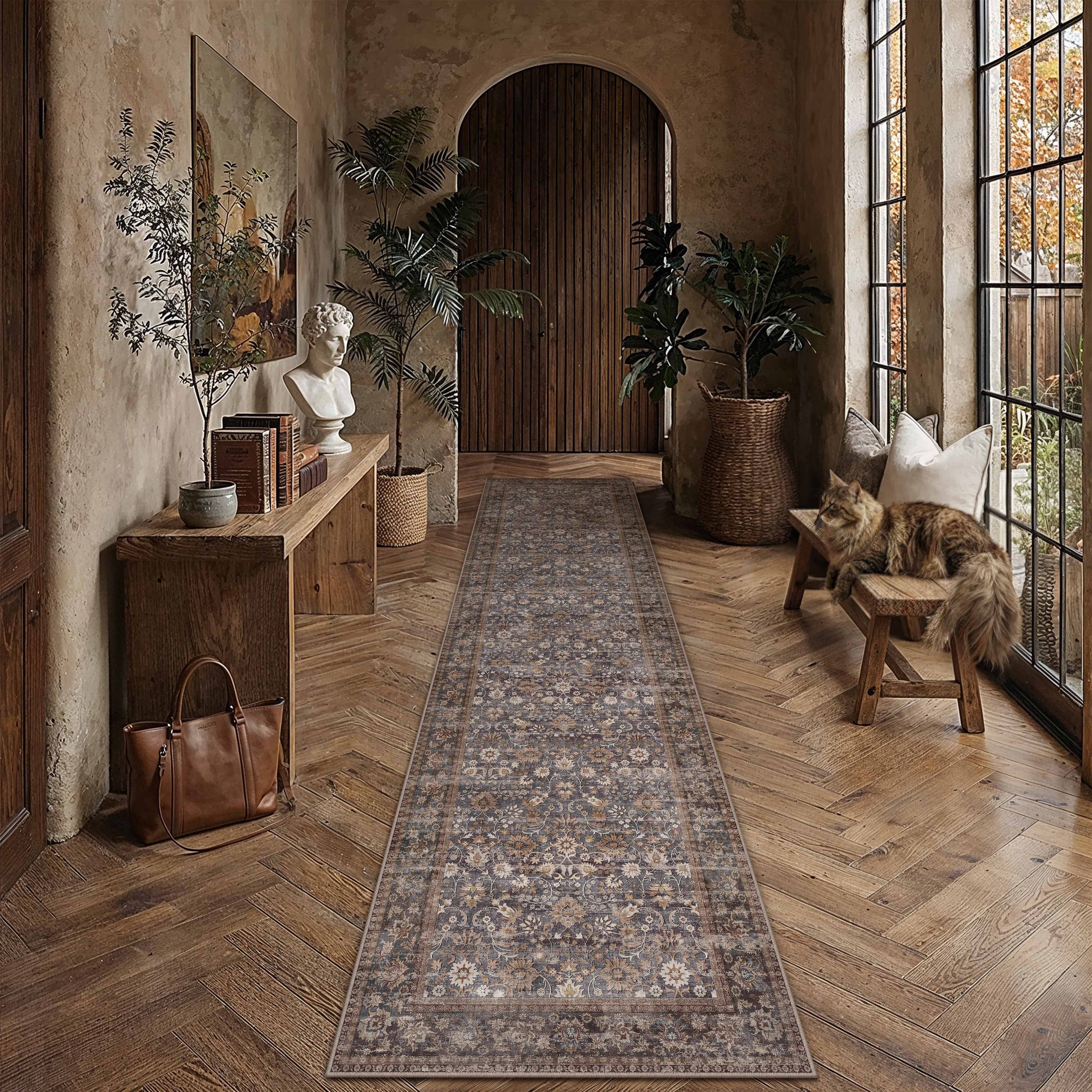 berthmeer 3'x12' long runner rugs for hallway kitchen bedroom bathroom entryway entrance oriental floral vintage farmhouse machine washable non-slip traditional distressed rugs, blue brown