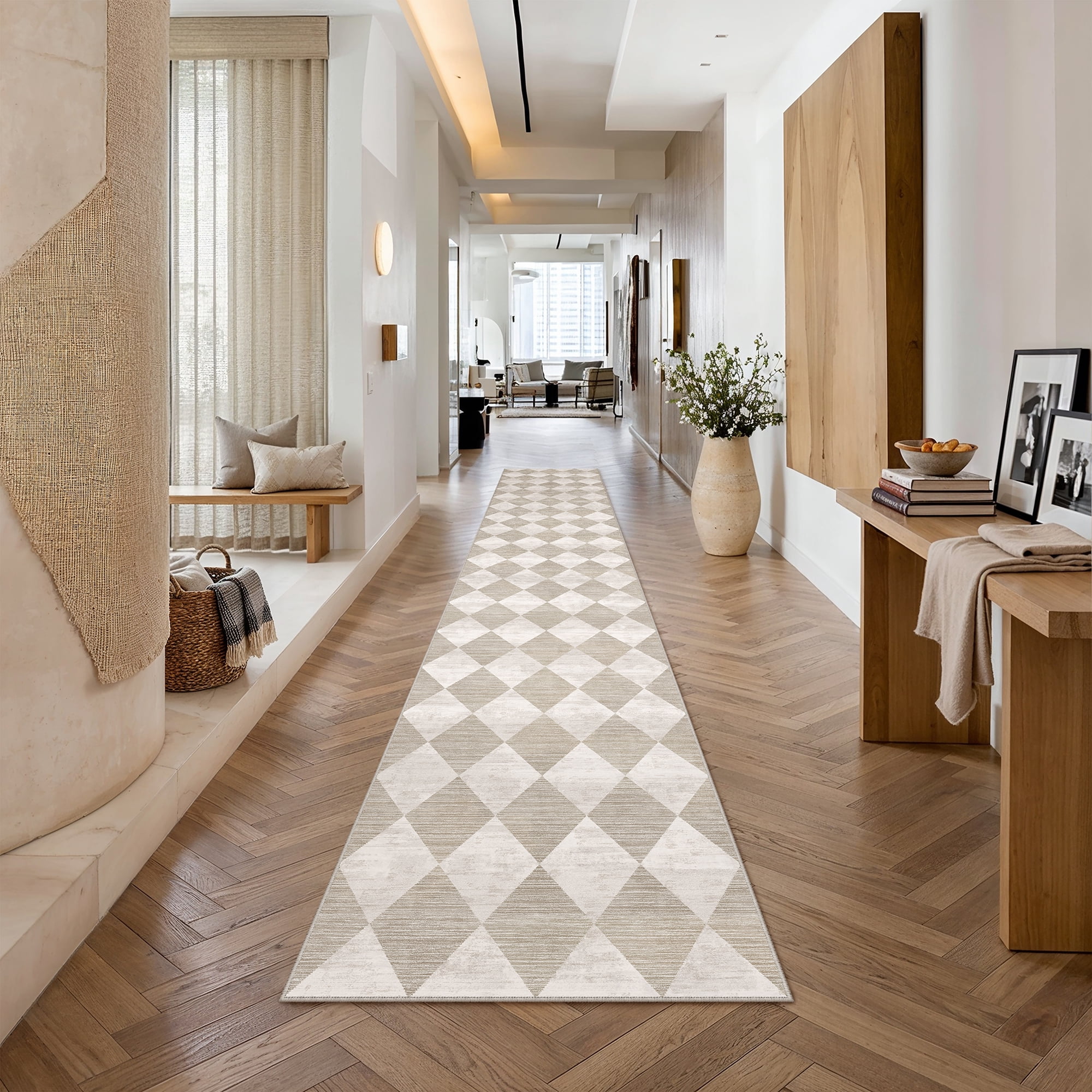 berthmeer 3'x12' runner rugs for hallway bathroom bedroom entryway kitchen non slip geometric modern rhombus checkered contemporary washable indoor runner rugs, beige