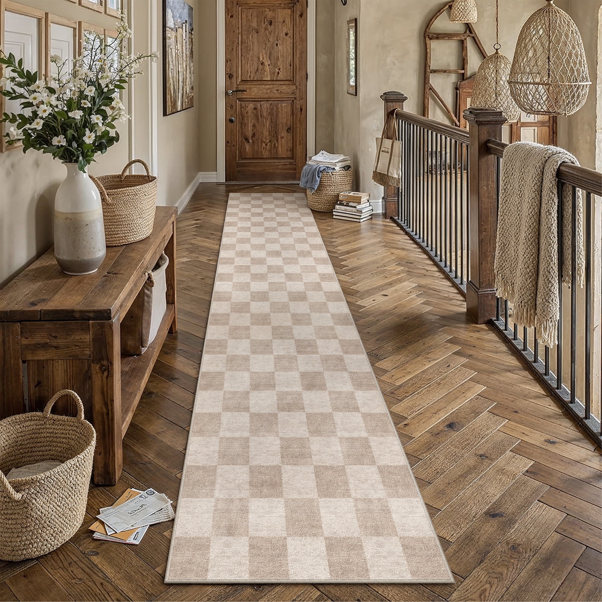 berthmeer 3'x12' runner rugs for hallway kitchen entryway bedroom bathroom entrance geometric modern checkered farmhouse carpets non slip machine washable, brown