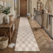 BERTHMEER 3'x12' Runner Rugs for Hallway Kitchen Entryway Bedroom Bathroom Entrance Geometric Modern Checkered Farmhouse Carpets Non Slip Machine Washable, Brow