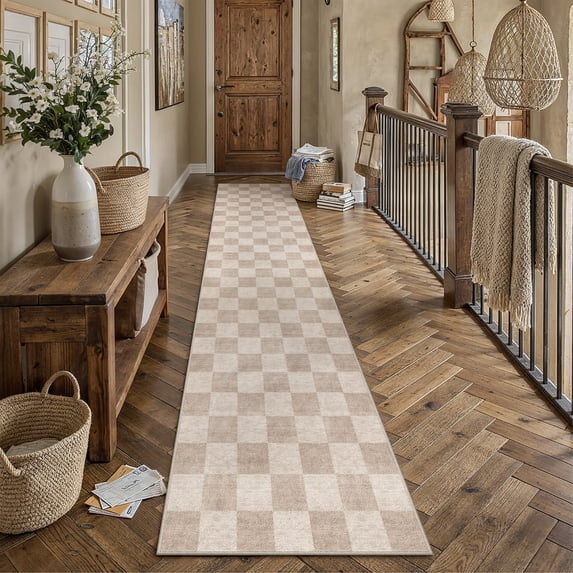 BERTHMEER 3'x12' Runner Rugs for Hallway Kitchen Entryway Bedroom Bathroom Entrance Geometric Modern Checkered Farmhouse Carpets Non Slip Machine Washable, Brown