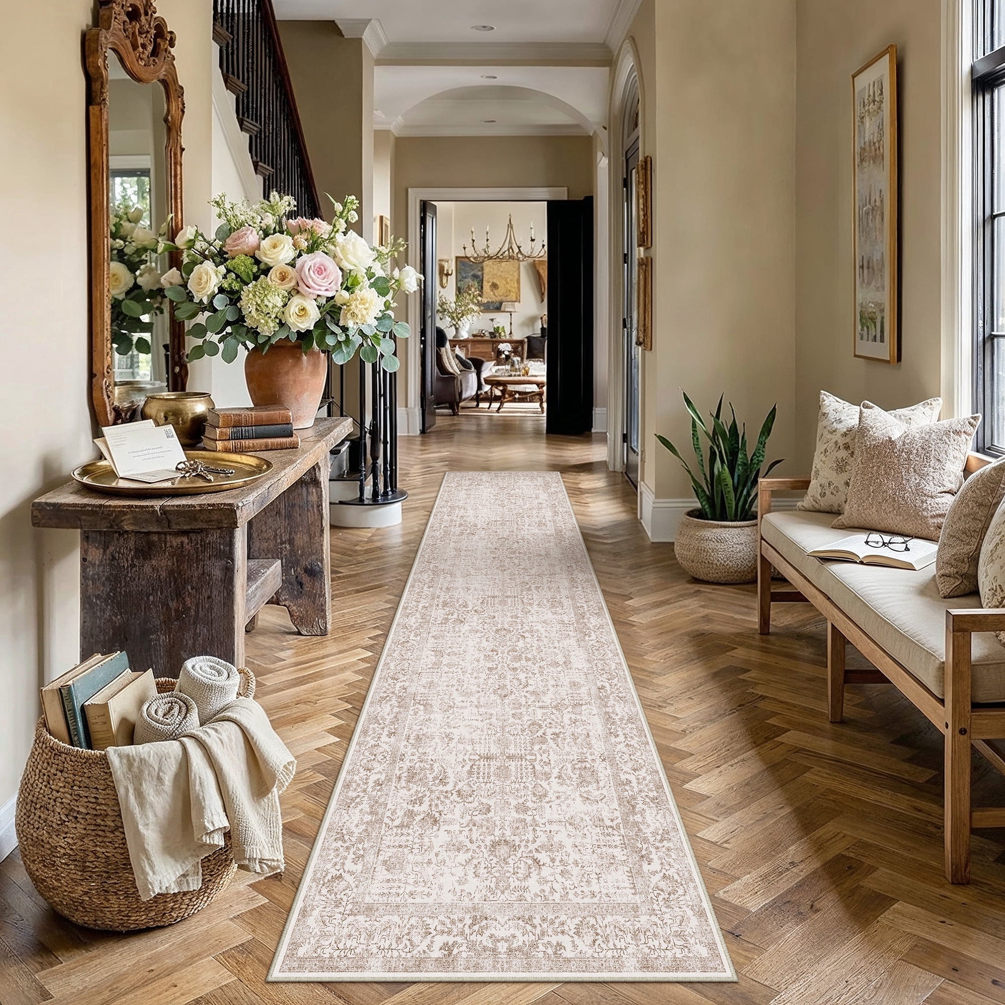 berthmeer 3'x12' runner rugs for hallway kitchen entryway bedroom bathroom entrance oriental floral vintage farmhouse machine washable non-slip traditional distressed rugs, brown