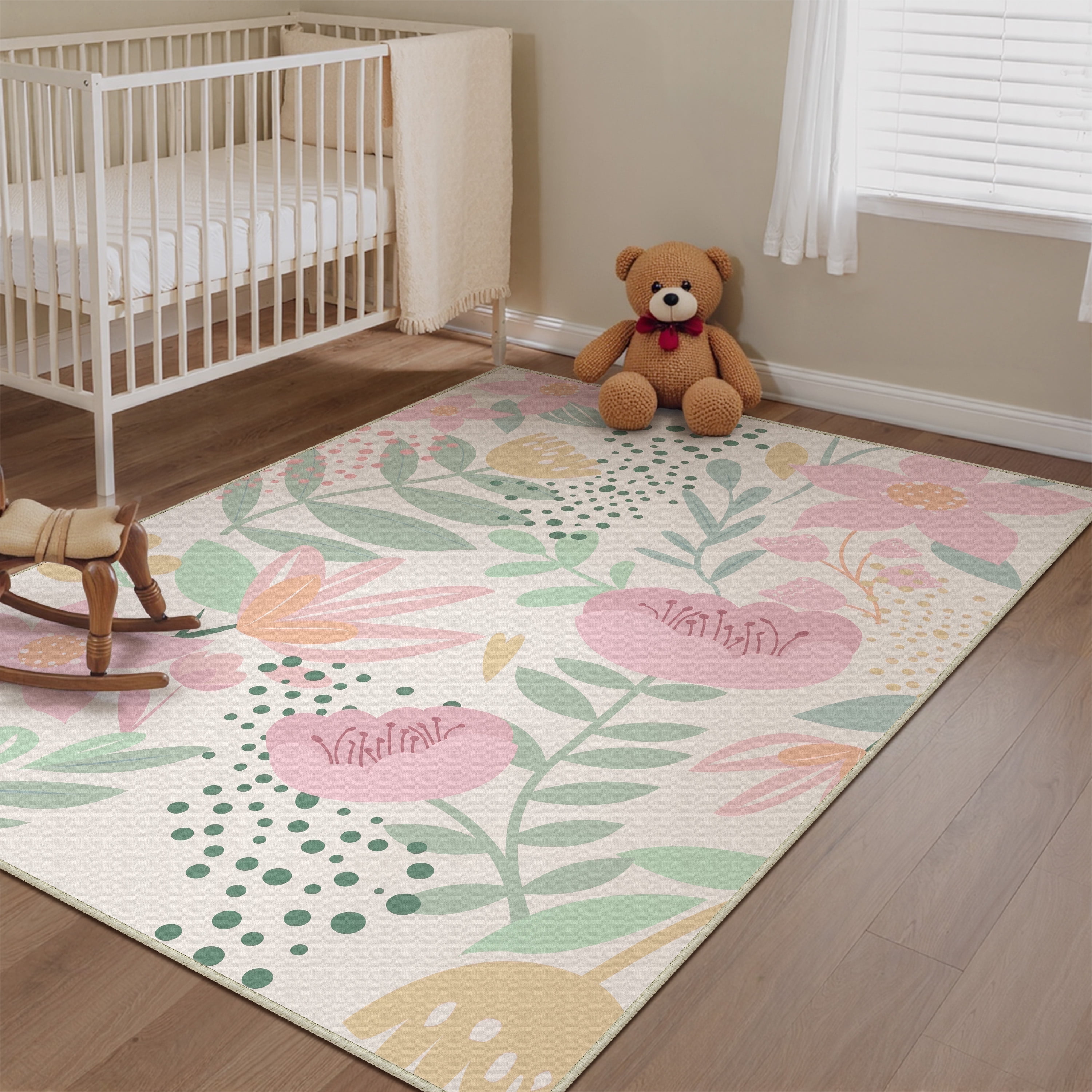 BERTHMEER 3'x5' Area Rugs for Bathroom Bedroom Entryway Cute Soft Kid's Room Nursery Playroom Non Slip Washable Modern Botanical Print Rugs for Dorm Beige Pink Floral...
