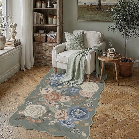 BERTHMEER 3'x5' Scalloped Area Rugs for Living Room Bedroom Farmhouse Non Slip Washable Floral Sage Green Vintage Carpets Watercolor Roses Flower Office Dorm Throw Rugs, Orangeand Dusty Blue