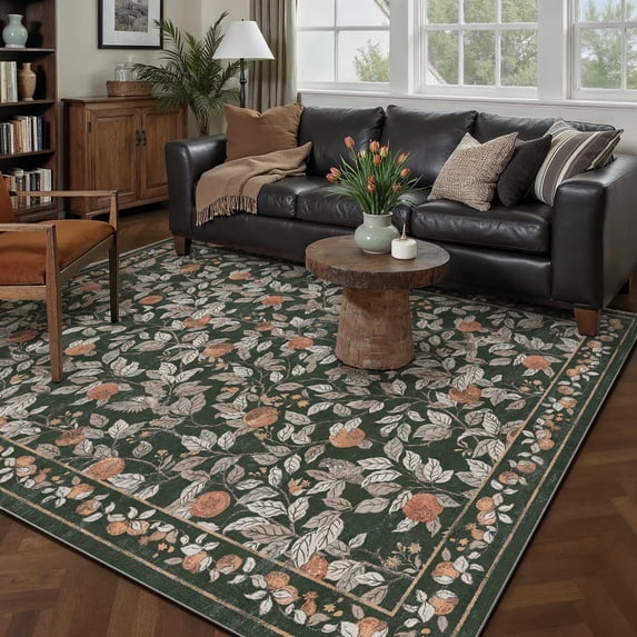 BERTHMEER 3'x5' Area Rugs for Living Room Kitchen Bedroom Rugs Non Slip Washable Floral Blackish Green Vintage Carpets Oriental Flower Office Dorm Traditional Throw Rugs, Multicolor