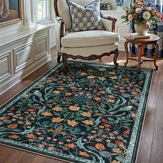 BERTHMEER 3'x5' Area Rugs for Living Room Kitchen Bedroom Rugs Non Slip Washable Floral Blue Vintage Carpets Oriental Flower Office Dorm Dining Room Traditional Throw Rugs, Multicolor