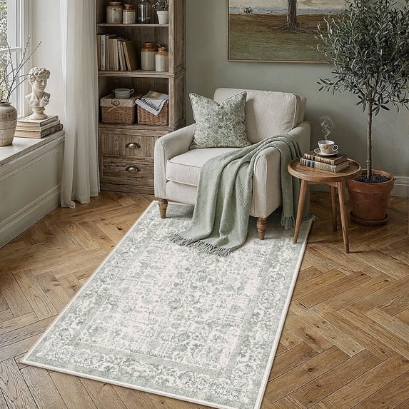 BERTHMEER 3'x5' Area Rugs Washable Vintage Oriental Rugs for Office Entryway Bedroom Throw Rugs Non-slip, Green