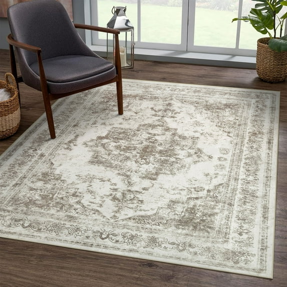 BERTHMEER 3'x5' Area Rugs Washable Vintage Oriental Rugs for Office Entryway Bedroom Throw Rugs Non-slip, Taupe