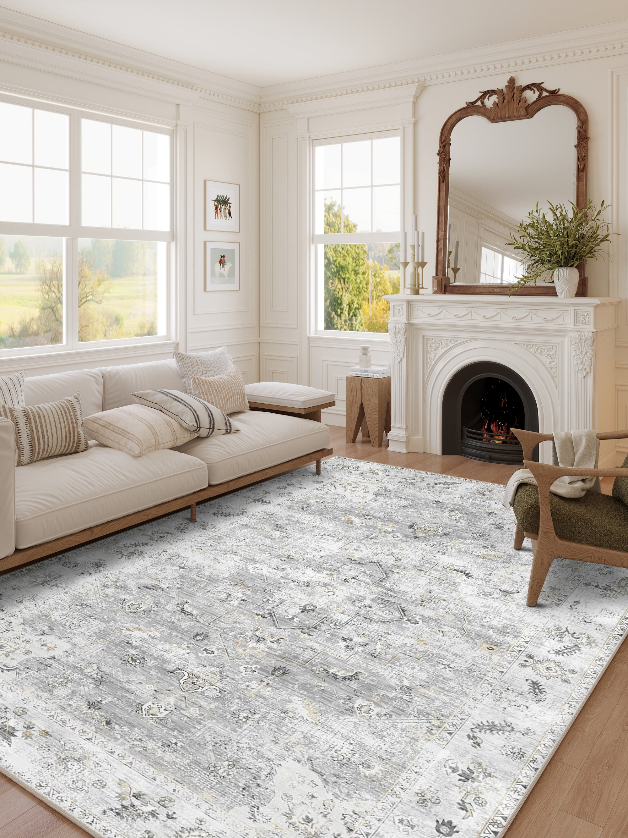 BERTHMEER 3'x5' Area Rugs Washable for Living Room Bedroom Dining Room Office Farmhouse Traditional Vintage Distressed Non-slip, Gray